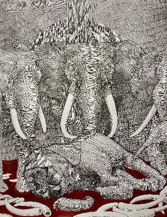 A black and white picture of elephantsDescription automatically generated